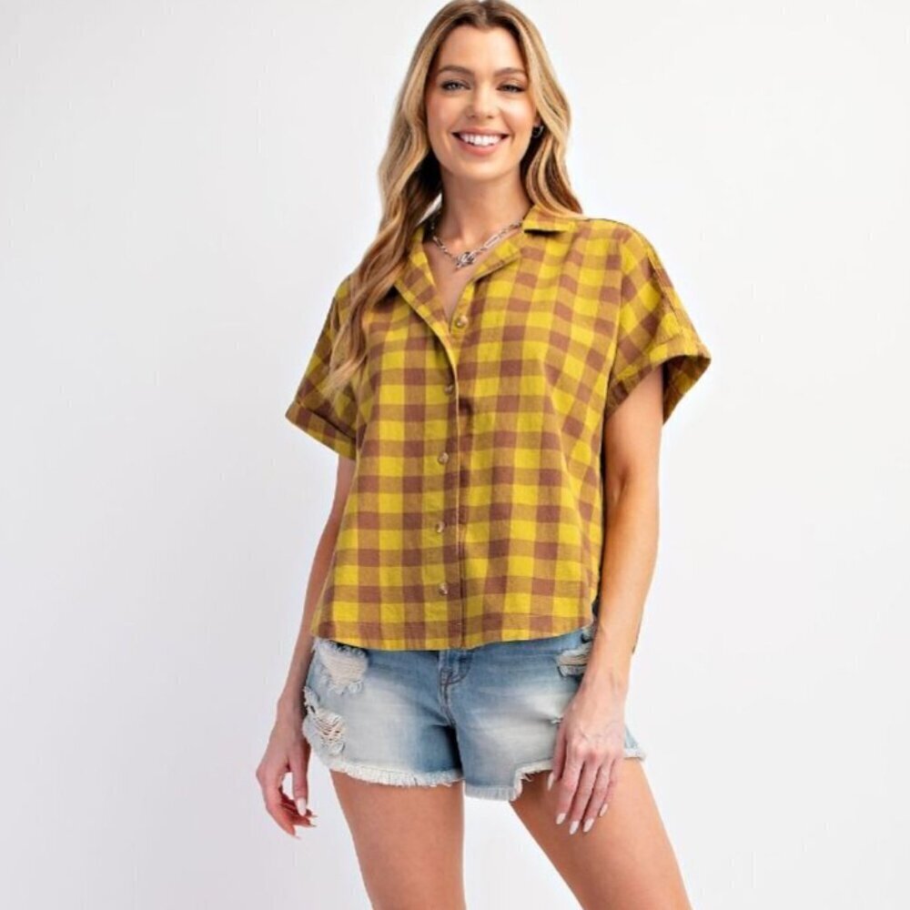 New Easel Mustard Gingham Plaid Cropped Button Front Shirt S-L 100% Cotton - Picture 2 of 13